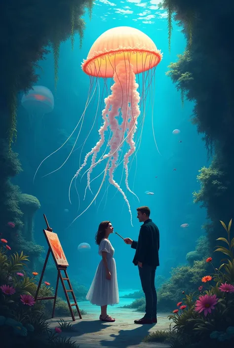 Make a book cover where a couple meets in an aquarium in this aquarium there is a huge jellyfish and the woman is painting the j...