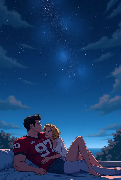 A couple lying on the terrace looking at the stars, the woman has shoulder length hair, cacheado e blond escuro e o homem, Athle...