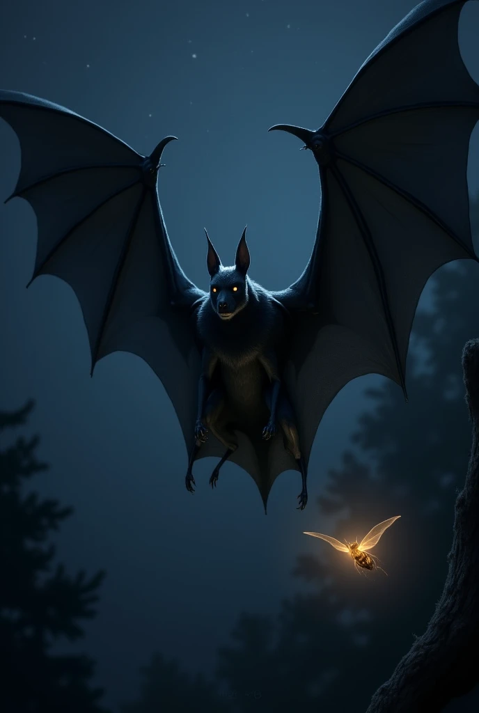 a dark bat flying towards the firefly.