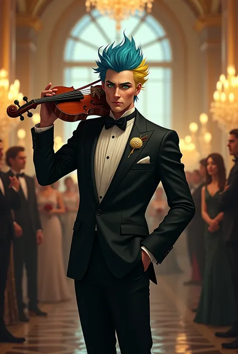 A man with blue hair and yellow streak in an elegant suit,that he is at a wedding and that he is playing a violin,that has brigh...