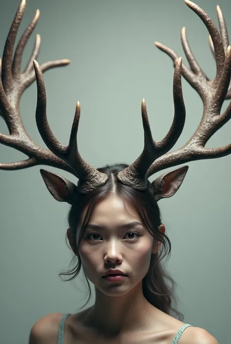 A person wearing realistic reindeer antlers