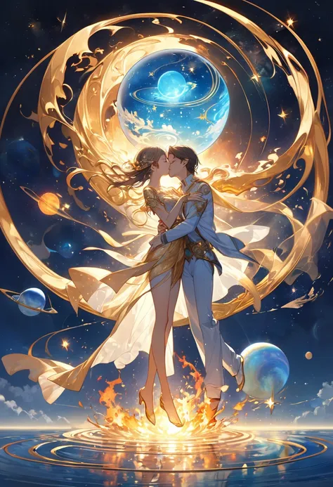 Very detailed、whole body、Gently kiss the blue sleeping water planet and light the fire of life. The golden ripples of time are l...