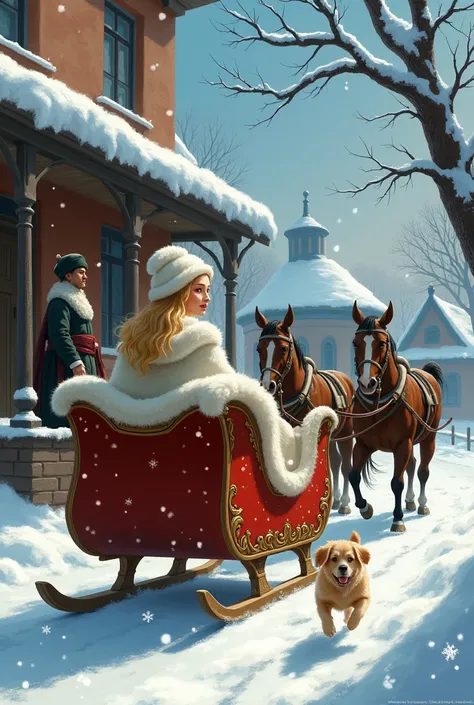 Illustration for a fairy tale "Morozko" street, snow,  sledge. A beautiful blonde girl in an expensive fur coat and hat sits in ...