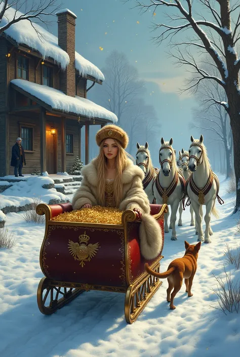 Illustration for a fairy tale "Morozko" street, snow, sledge. A beautiful blonde girl in an expensive fur coat and hat sits in t...