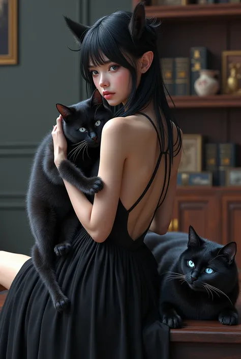 (Ultra-fine face, Look away), Realism, (She turned her back on,Holding a black cat in both hands), (Young dark elf cute woman, G...