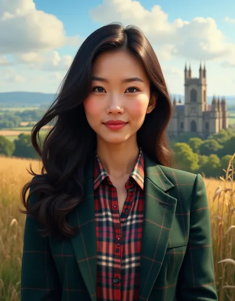asian woman wearing plaid shirt and dark green red plaid blazer, looking professional, with York moors field and York Minister c...
