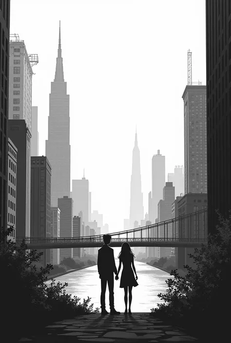 image of a city cover, In the middle two small silhouettes from a distance holding hands from a distance, manga style, in black ...