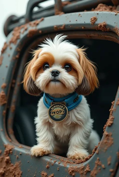 draw a half white shi-tzu, half light brown with a blue collar with a blue medallion that says Snoopy in a mad max style car
