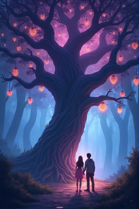The Enchanted Tree: A large, ancient, magical tree stands at the center of a mystical forest. The tree glows with soft purple an...