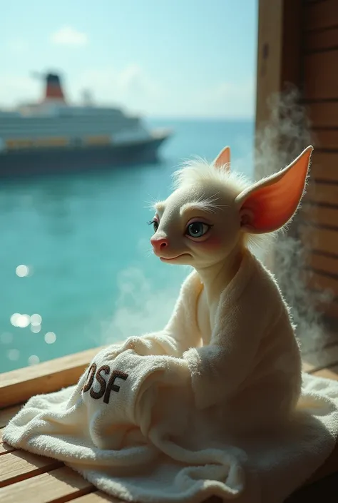 Mystic pretty Ships goblin in Sauna with towel and dsf written on it, sea view and cruise ship, put steam, and dsf written 