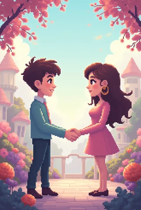 results of something and two people negotiating, pixel art with pastel colors

