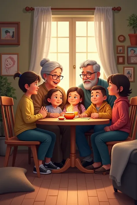 A large family of seven sat talking to each other in the house.