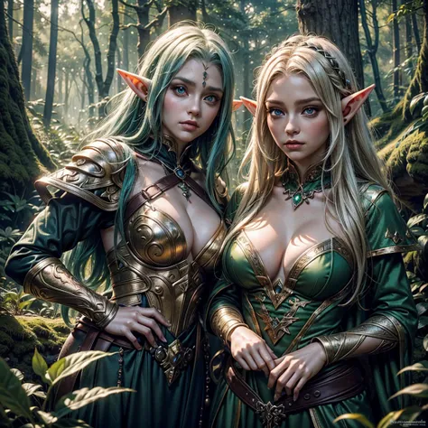 
1 female elf, next to the female elf 1 ogre, enchanted forest background, look of the worried female elf, female elf and the og...
