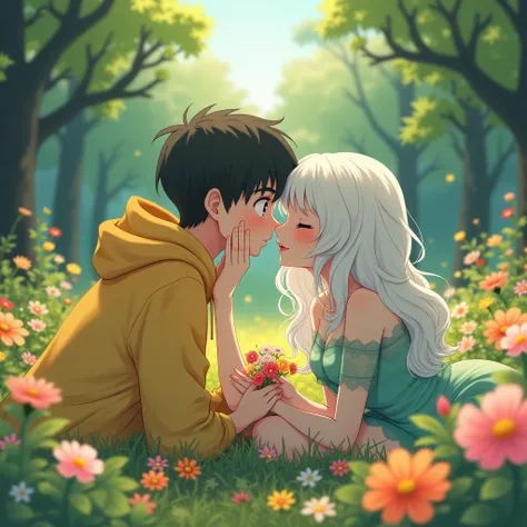 young skinny nervous man with yellow hoodie and white sleeves (the hood is covering his head), Next to him is a girl with white,...