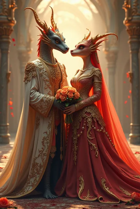 Dragons Wedding The dragon and his bride are standing in wedding attire. illuminated by a warm, soft  light that accentuates the...