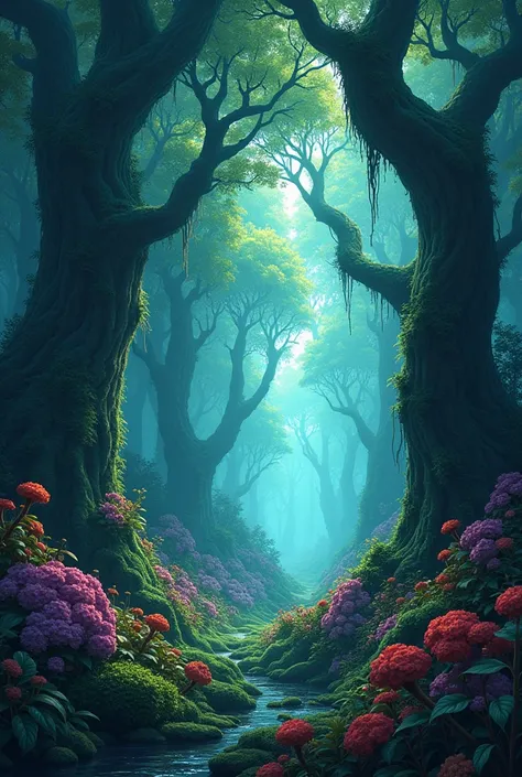 ((Best Quality)), ((masterpiece)), ((detailed)), ((High Definition)), a dangerous isekai forest in anime style. without people. ...