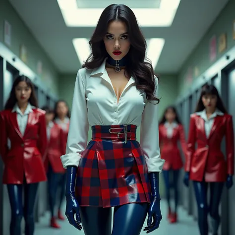 Femme, latex, brillant, uniform latex, jupe latex plissée taille haute latex à carreaux rouges et bleus en latex, chemise latex ...