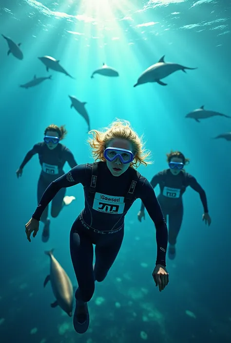 sea race, with divers wearing diving suits and numbers on their chests , a blonde woman, and two brunettes with dolphins
