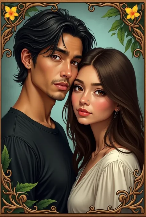 Create couple image in magic playing card style. Man with a mole on the left side below his mouth, slightly long and wavy hair, ...