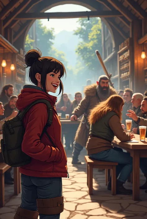 Crie arte full height anime fantasy. Laughing adventurous adult woman in padded clothes laughing watching an angry drunk fightin...