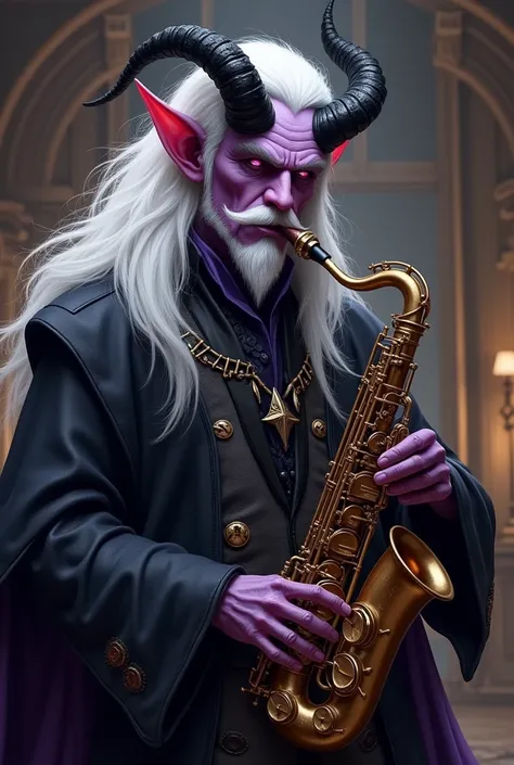 Male tiefling bard; long white hair, mustache and small white beard; black horns with reddish tips; playing saxophone;  dark ton...