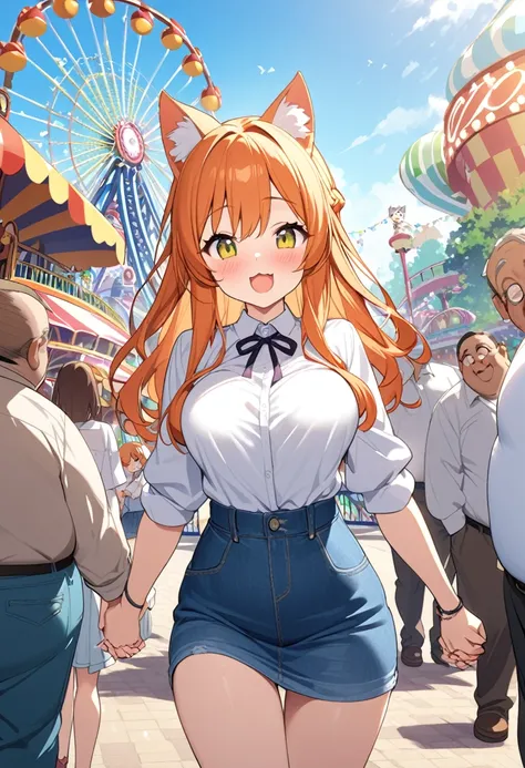 Young girl、Very cute、Young、Firm breasts、White shirt、Denim skirt、Orange Hair、High Quality Backgrounds、Fat Uncle、Holding hands、amu...