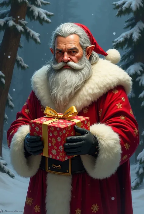 Thorin écu de chêne en père noël avec un cadeau dans les mains ou il est inscrit "Solange"
