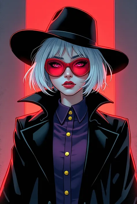 A girl with white short hair. She has red glasses that covers her eyes entirely, a black cowboy hat, a black trench coat, and a ...