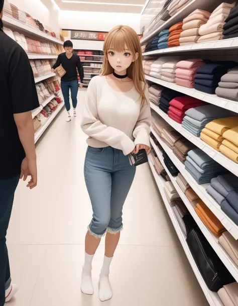 nsfw, nsfw, nsfw,White ribbed ankle socks. Build something amazing, Black choker, blonde、Brown Hair　Cheeky female model.Casual c...