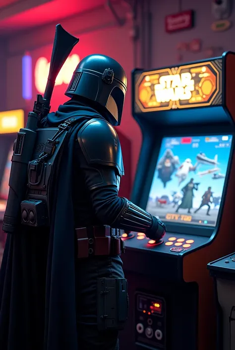 Mandalorien qui joue sur une borne arcade starwars 
