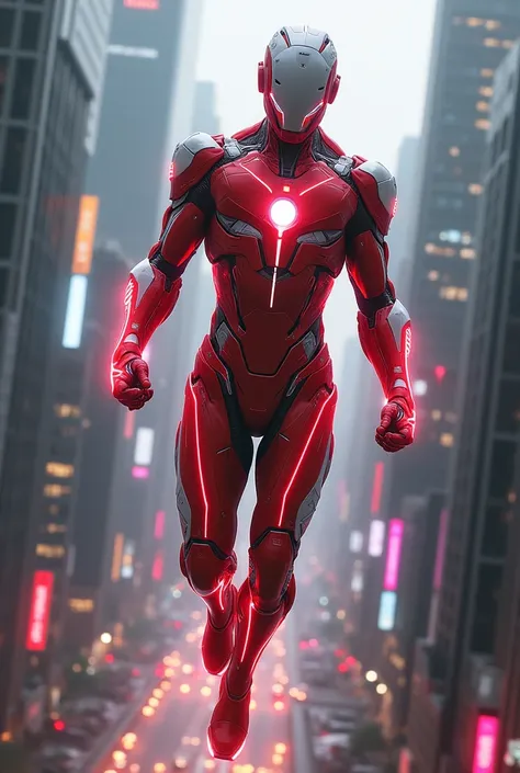 A cybernetic superhero in luminous red and white armor patrolling the streets of a futuristic city