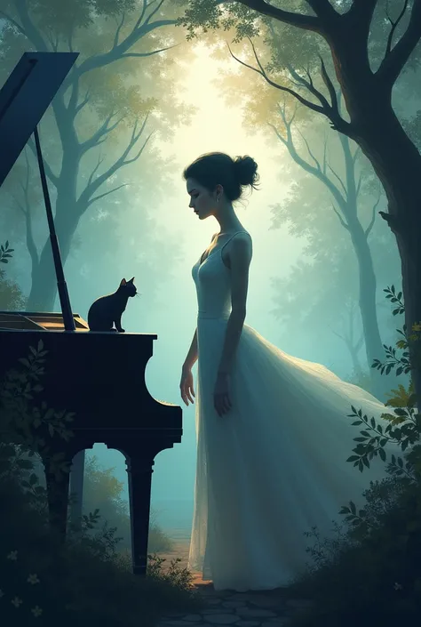 Una silhouette di donna, pianoforte, musica, gatto