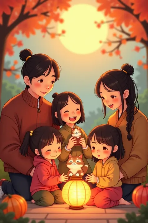 5 people celebrating Mid-Autumn Festival，1 Parent+1 female+2 females+1 child+1 Little Maine Coon cat has mooncakes，There is a la...