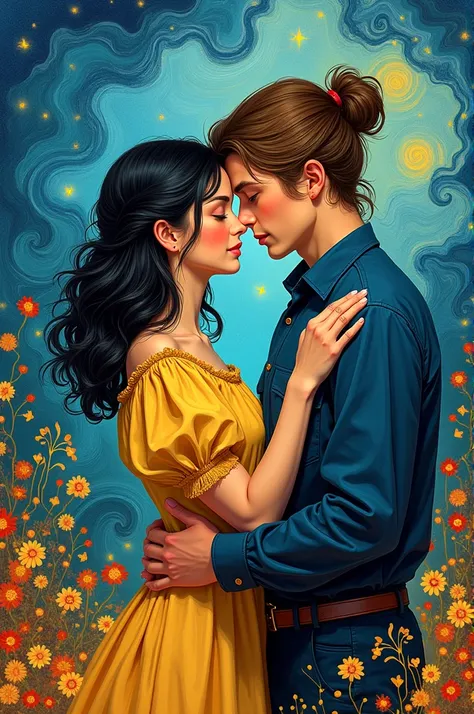 Make a Van Gogh style image of a teenage couple in love together; boy and girl couple: girl with shoulder length wavy hair and d...