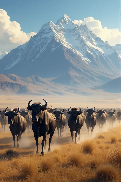 Wildebeests trekking across vast expanses, with majestic mountains in the background."