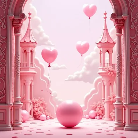 Creative poster 3D effect pink fantasy fantastic pink building interior delicate depiction medieval pink decoration pink sphere ...