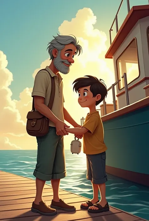Father and son who lives near the shore that has a boat named wave rider, they used it for fishing. MAKE IT LOOK LIKE A HAPPY FA...