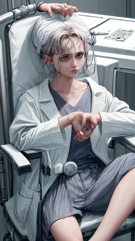 create image high quality realistic 8K.A sick person sit on the chair. The doctor hold  magnetic coil tighttly with both hand he...