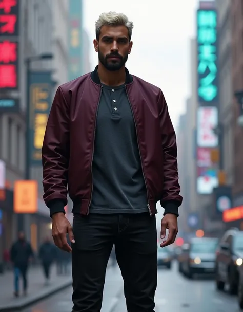 33 year-old Arabic-Egyptian man, very tall at 216 cm, with dark skin, short tapered platinum blond wavy hair, long black stubble...