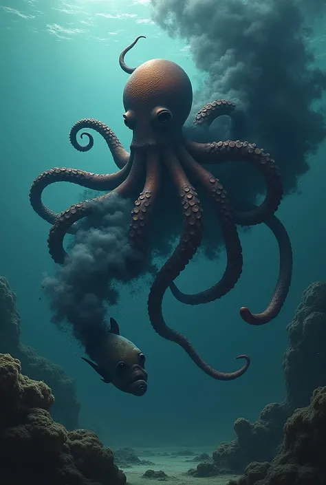 Octopus pouring ink on a big fish and saving a little fish