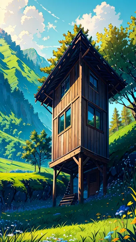 A simple wooden house at the edge of a vast field, surrounded by sparse trees. The bright blue sky and the vivid green landscape...