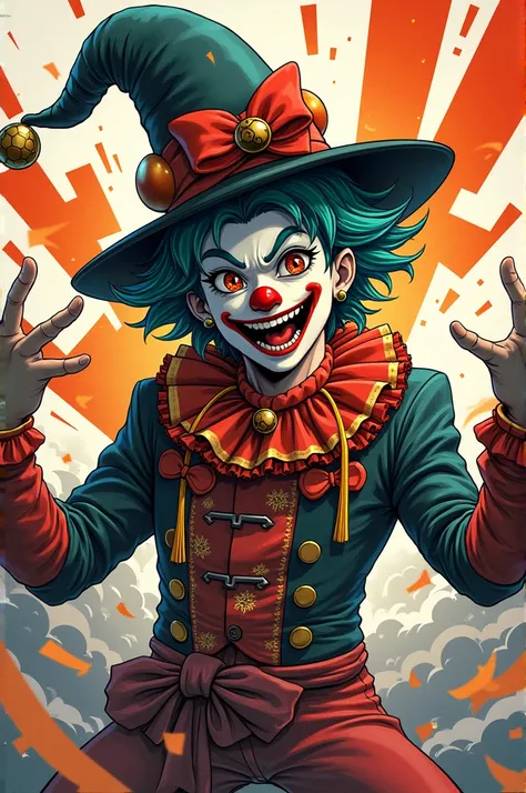 A clown with a hat and stylish clothes in a Japanese manga fight 