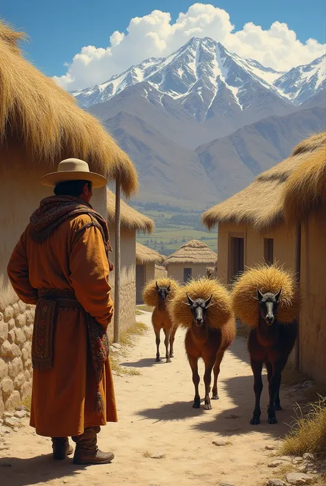 to roof the houses all the vicuñas brought the straw for the roofing of the rich Andean man