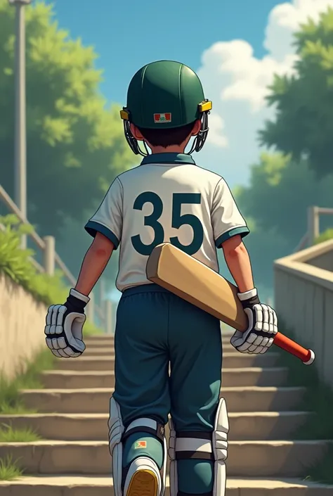 A boy wearing 35 jersy number t-shirt and also wearing cricket helmet and bat in his hand upping stairs from backside 
