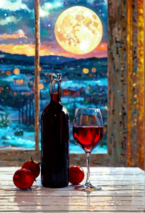 there is a glass of  red wine on a white wood table in a minimalist room, it is night time, moonlight, 