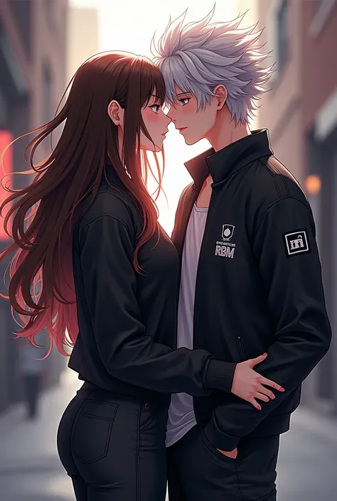 Platinum hair anime boy , cross beinco , wearing black cargo pants with black rbm jacket , holding the waist of a girl with long...