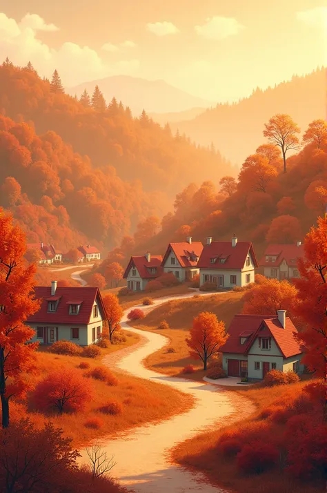 Autumn landscape, with little houses, banks, in reddish and yellow tones. Dry leaves, oranges and cinnamon.