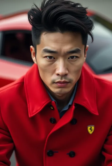 Handsome white skin korean man, wearing a red Ferrari coat, realistic, close up picture, black fluppy hair, Ferrari car backgrou...