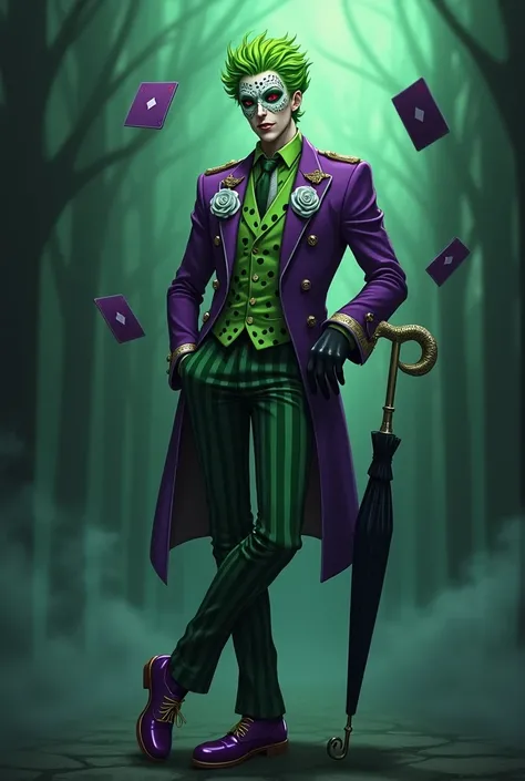 I want a man he has red eyes he is wearing a bright light green shirt with dark green leopard spot detail with a purple tuxedo w...