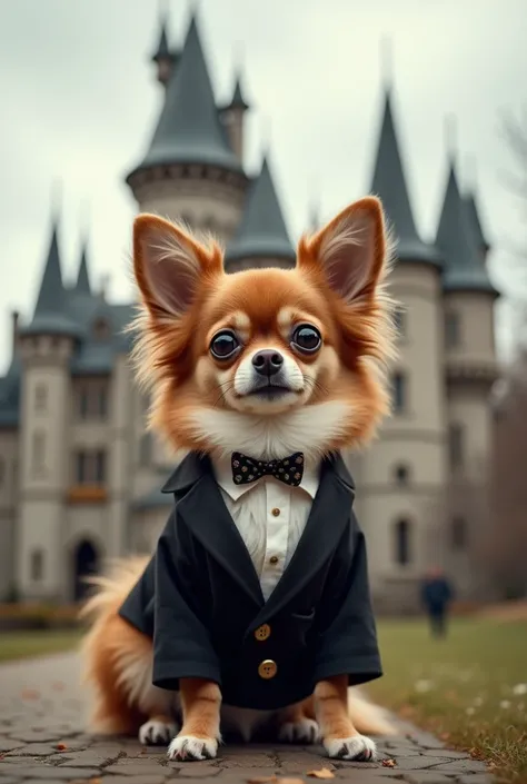 Long Coat Chihuahua　Chocolate Tan　Long hair　tuxedo　Wear cute clothes　In front of the European castle